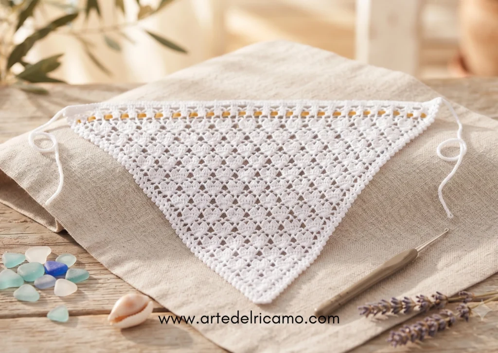 bandana a uncinetto con piccoli cuori, realizzata unicamente a mano