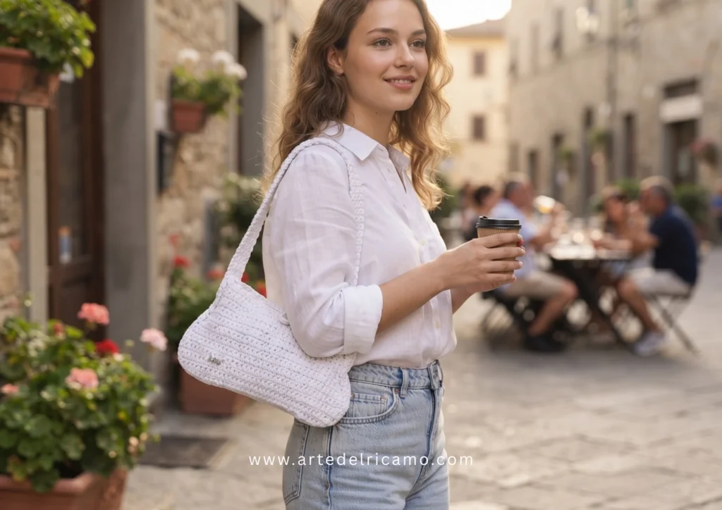 borsa baguette a uncinetto realizzata unicamente a mano con filato di cotone naturale, ideale per le passeggiate pomeridiane.
