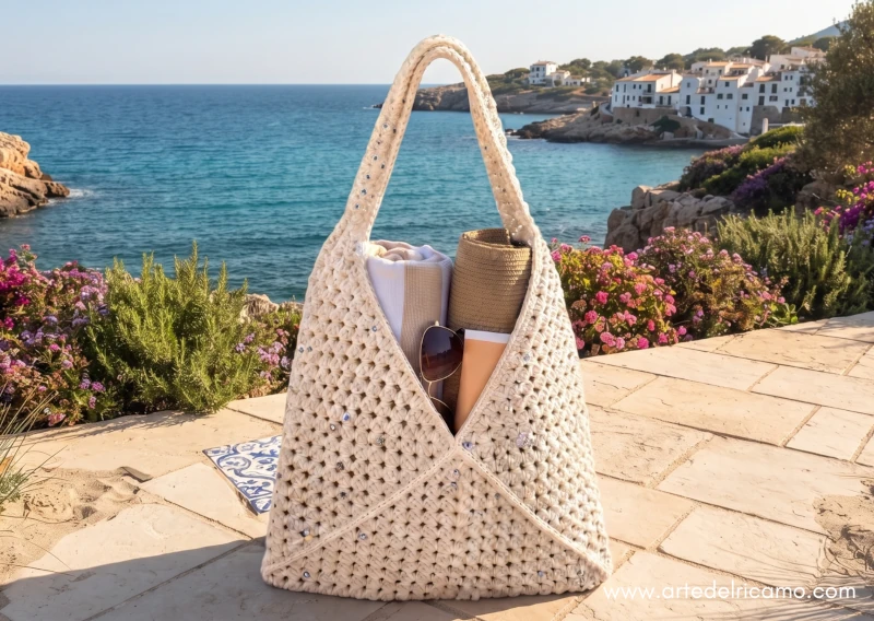 borsa uncinetto panna con motivi granny