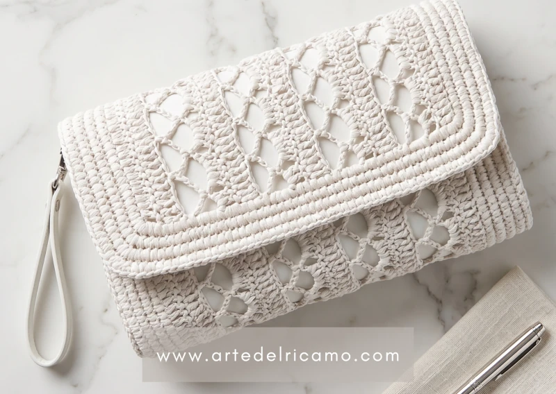 borsa a uncinetto con motivo traforato elegante e raffinata colore bianco latte
