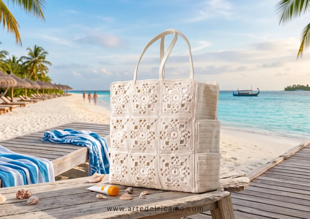 borsa a uncinetto con piastrelle colore panna