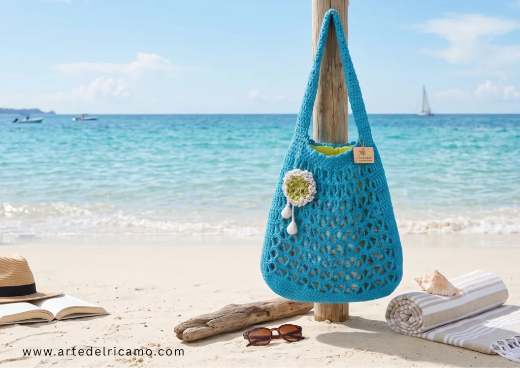 borsa mare a uncinetto colore turchese con decorazioni