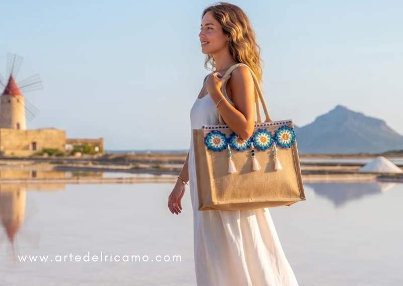 ragazza indossa la borsa in juta con motivi a uncinetto nelle saline dello stagnone di Marsala