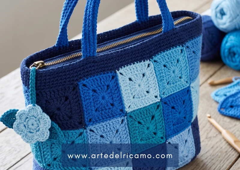 borsa con piccoli motivi a uncinetto granny square colore celeste