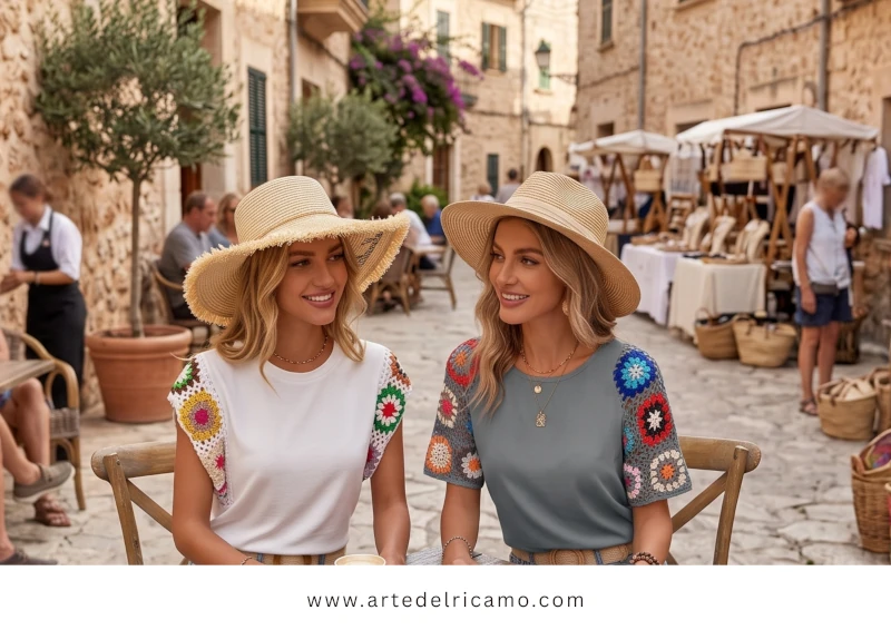 ragazze indossano magliette con maniche a uncinetto granny square