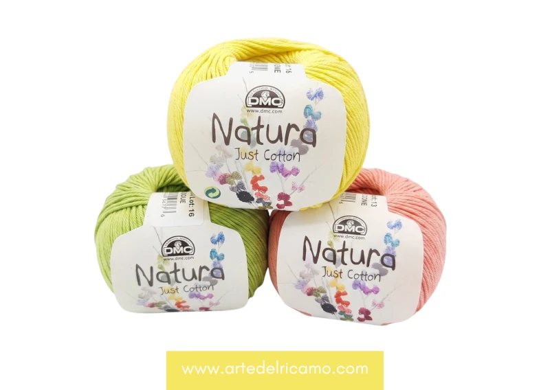 DMC Natura Just Cotton gomitoli per uncinetto Amigurumi colori rosa pompelmo, verde lime e giallo limone.