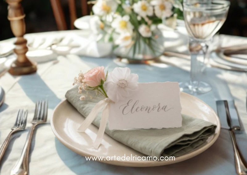 segnaposto per eventi speciali con fiore in organza bianco