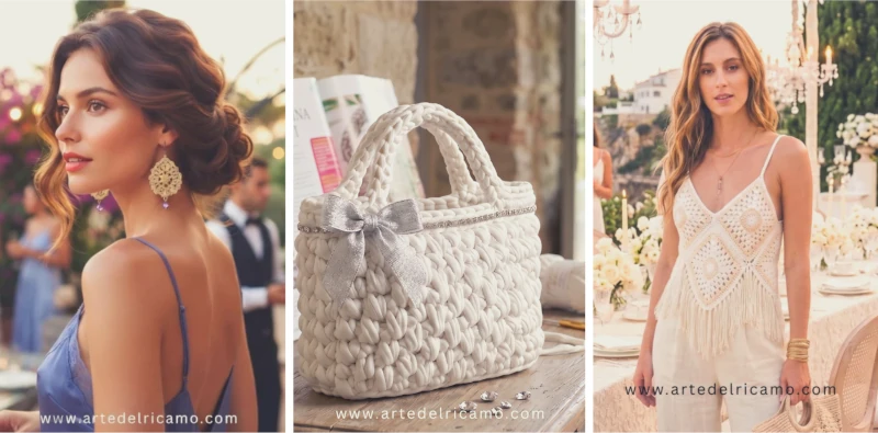 orecchini gioiello, elegante borsa e top a uncinetto, progetti estivi da fare sotto l'ombrellone.