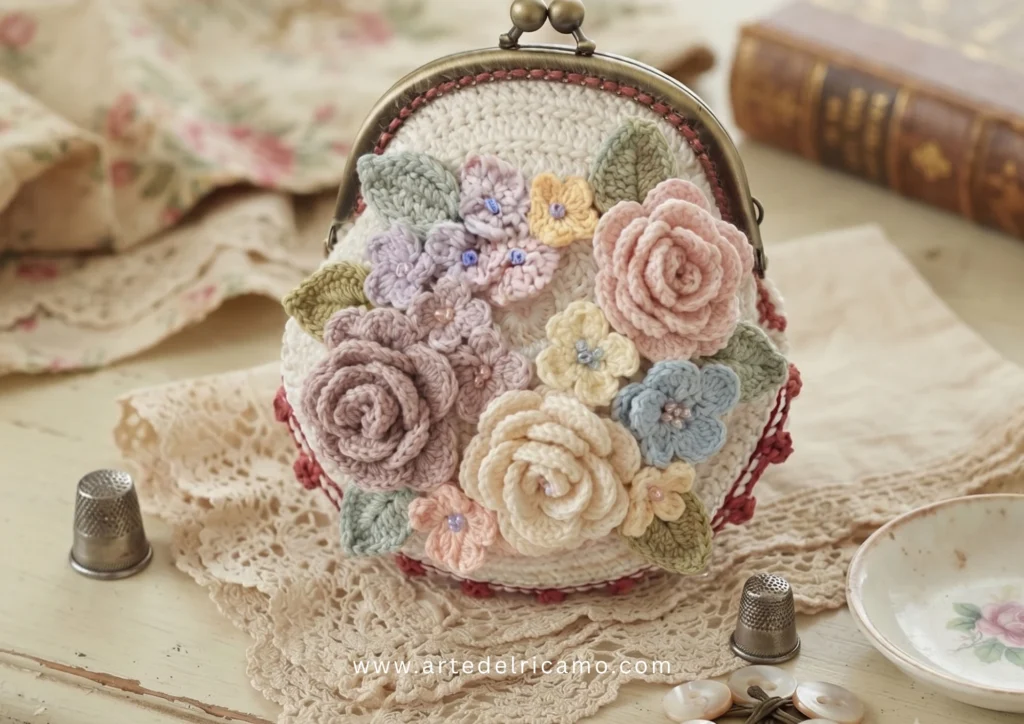 portamonete a uncinetto con decorazione floreale