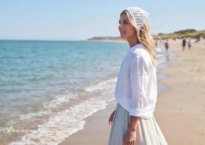 ragazza in una battigia al mare indossa bandana a uncinetto bianca