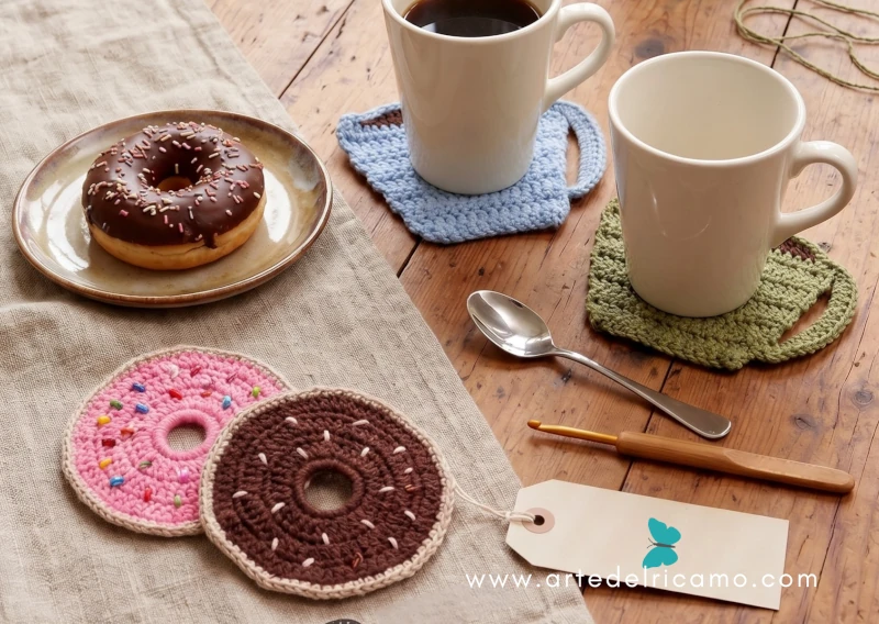 sottotazza a uncinetto a forma di dolcetti e tazza