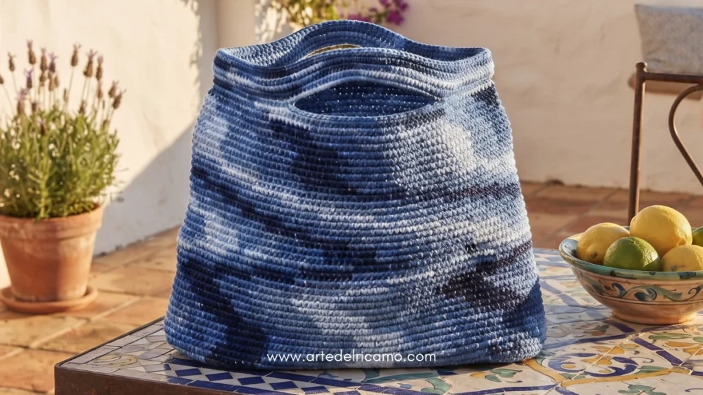 borsa a uncinetto blu effetto denim