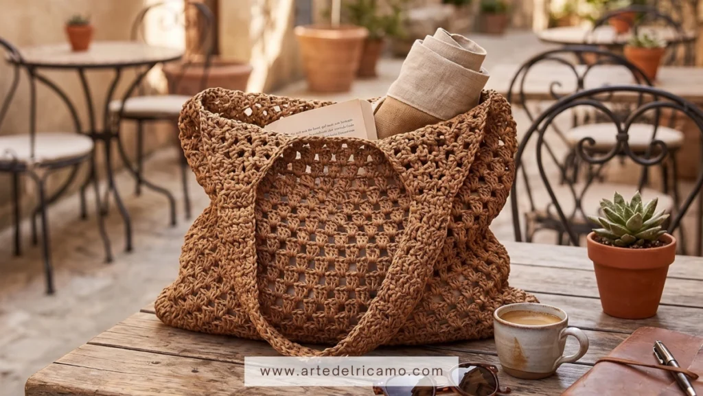 borsa uncinetto marrone realizzata unicamente a mano