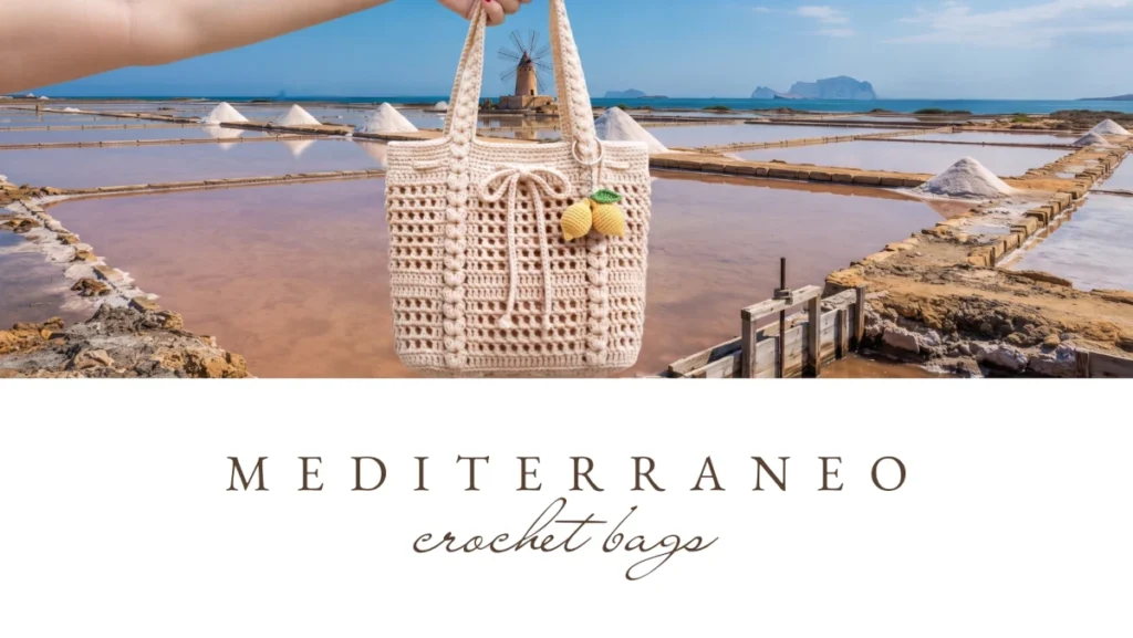 borsa a uncinetto colore panna con sfondo saline di Marsala