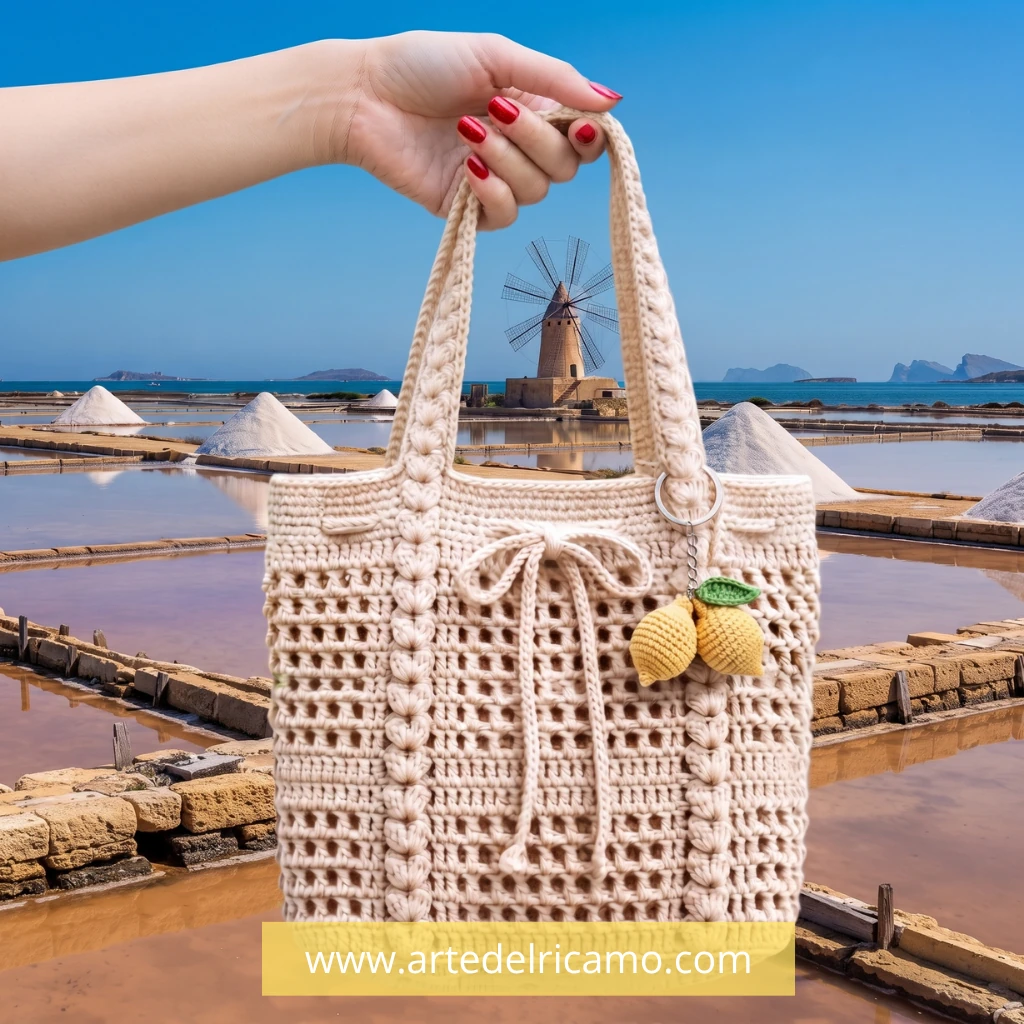 borsa a uncinetto mediterranea colore panna