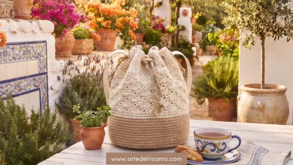 borsa uncinetto a secchiello colore panna ed ecru