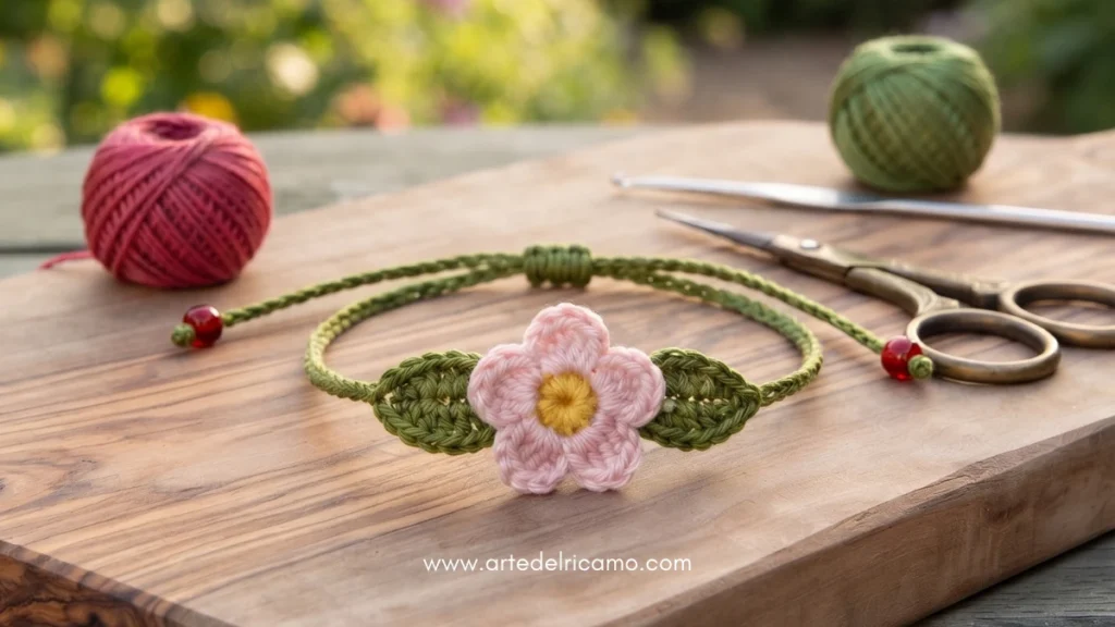 bracciale a uncinetto fiore con foglie