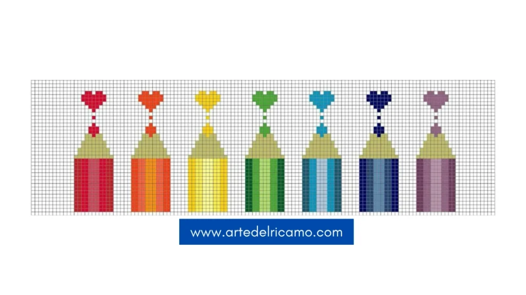 schema di ricamo a punto croce con matite colorate