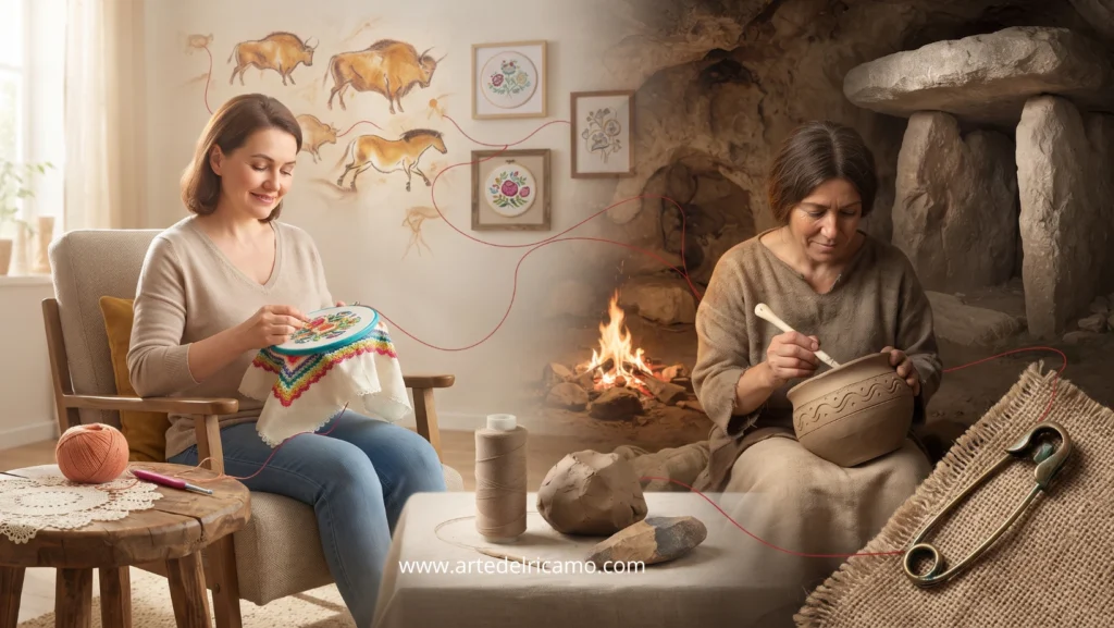 una donna moderna che ricama seduta comoda in una poltrona e una donna dell'età della preistoria che intarsia in un vaso di argilla dei motivi simili ai disegni da ricamo