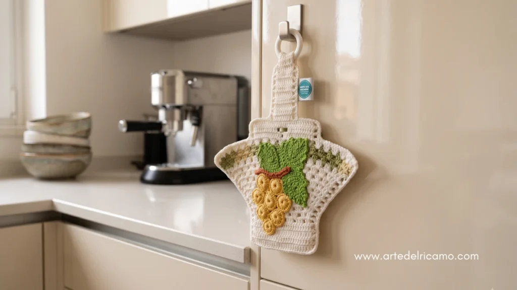 presina a uncinetto colore panna con decorazione a forma di grappolo d'uva con foglia