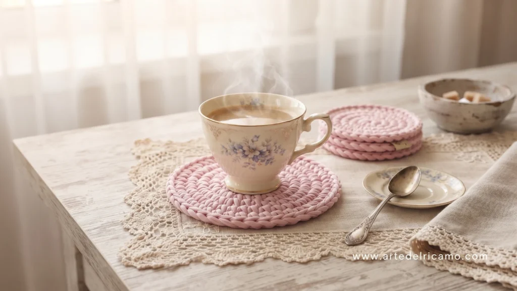 sottobicchieri a uncinetto con tazze in ceramica ambientati in stile shabby chic