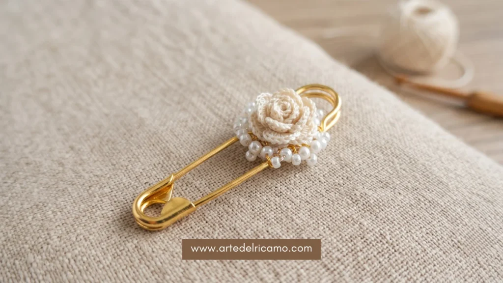 spilla da balia con rosa a uncinetto