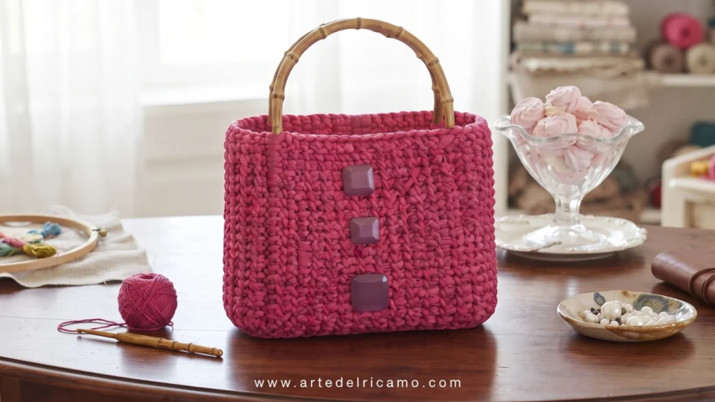 borsa in fettuccia a uncinetto con manici di bamboo