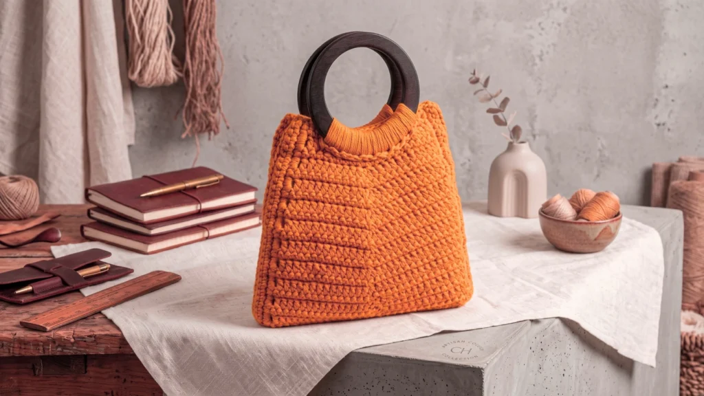 Borsa autunno con Manici in Legno. Arancione realizzada ad uncinetto.