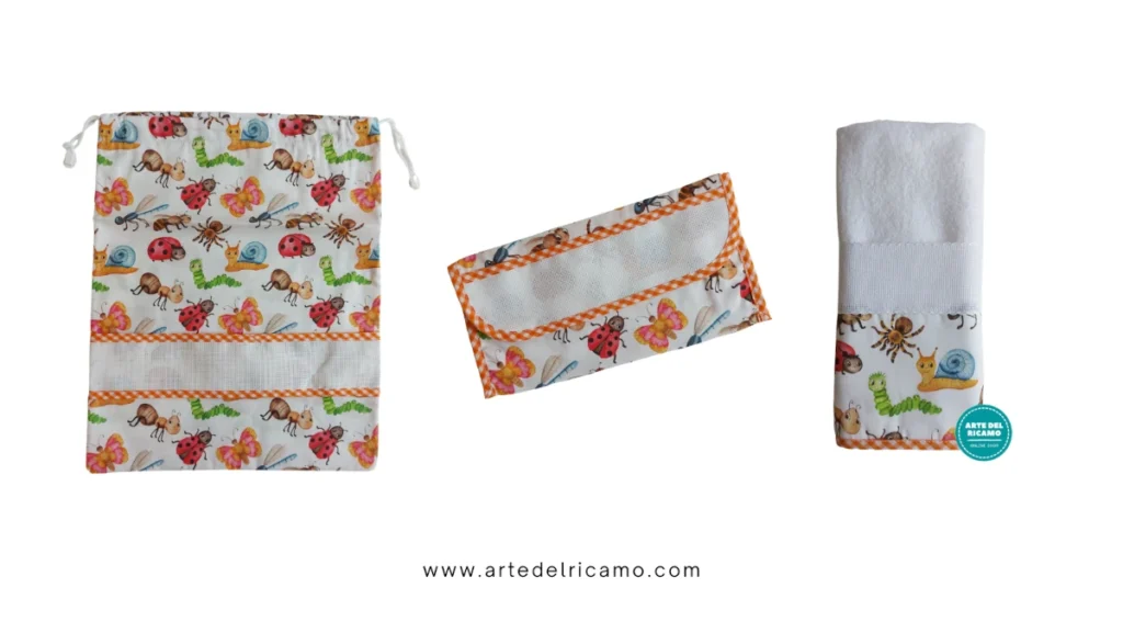 set asilo con piccoli insetti come coccinelle, farfalle, lumache e bordo in tela aida da personalizzare con motivi a punto croce