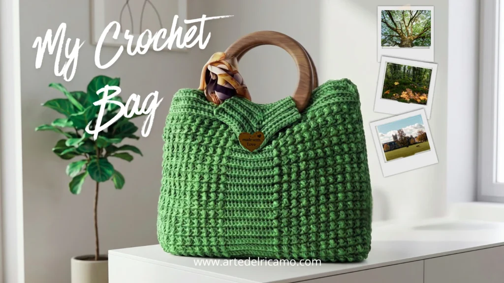 borsa a uncinetto verde con manici color legno