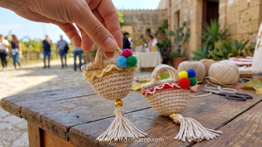 coffa a uncinetto, borsetta tipica siciliana realizzata unicamente a mano con decorazioni pompon colorate