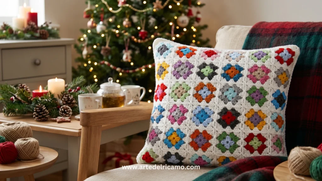 cuscino a uncinetto con piastrelle granny square semplice e veloce da realizzare