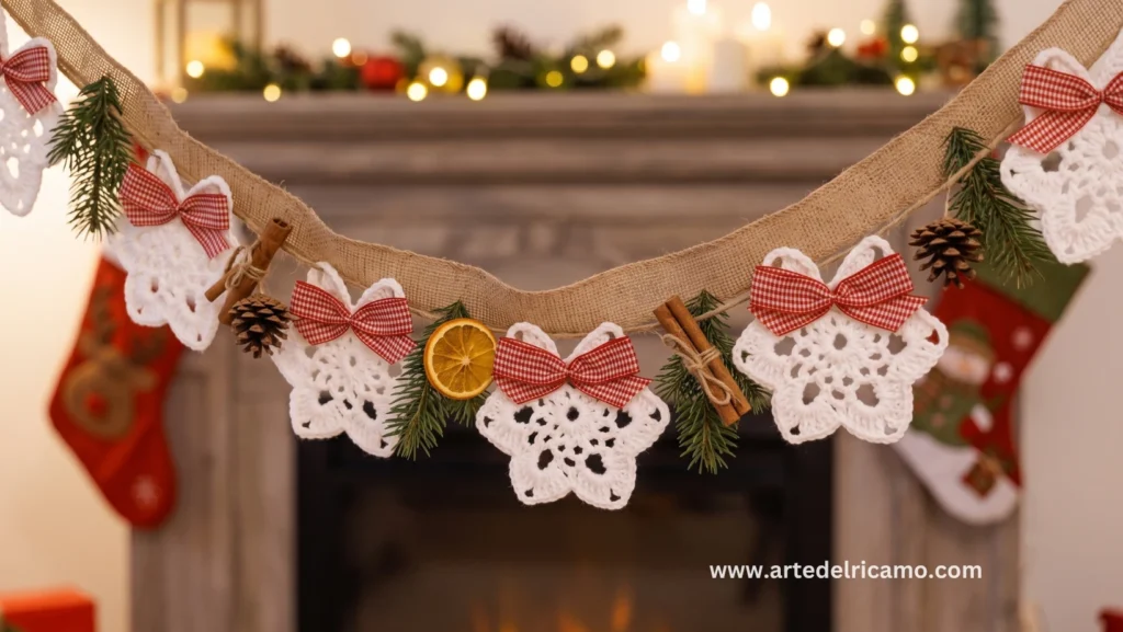 decorazioni per il camino all'uncinetto a forma di stelle per il Natale