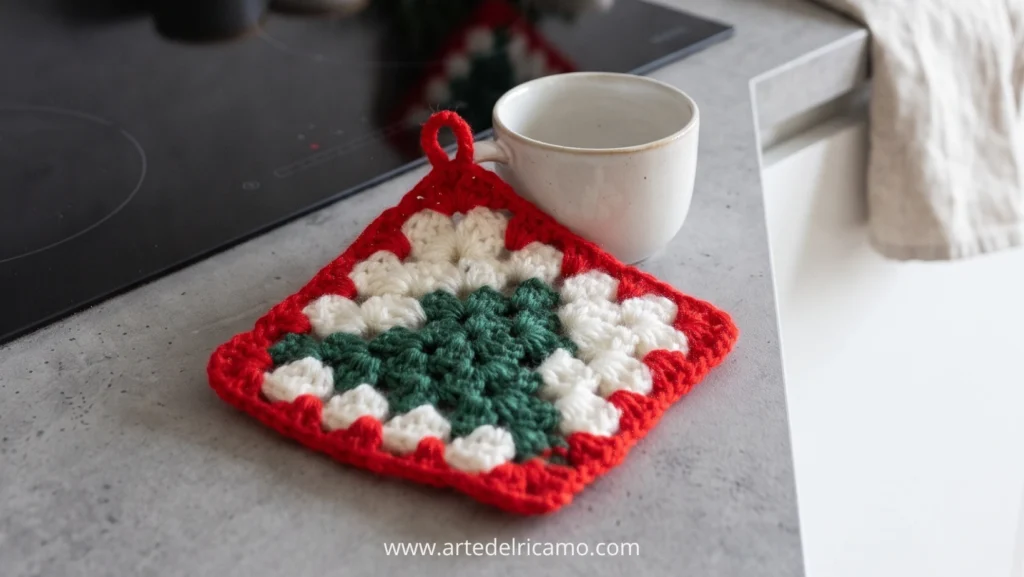 presina natalizia con albero di natale granny square verde bianca con perfilo rosso