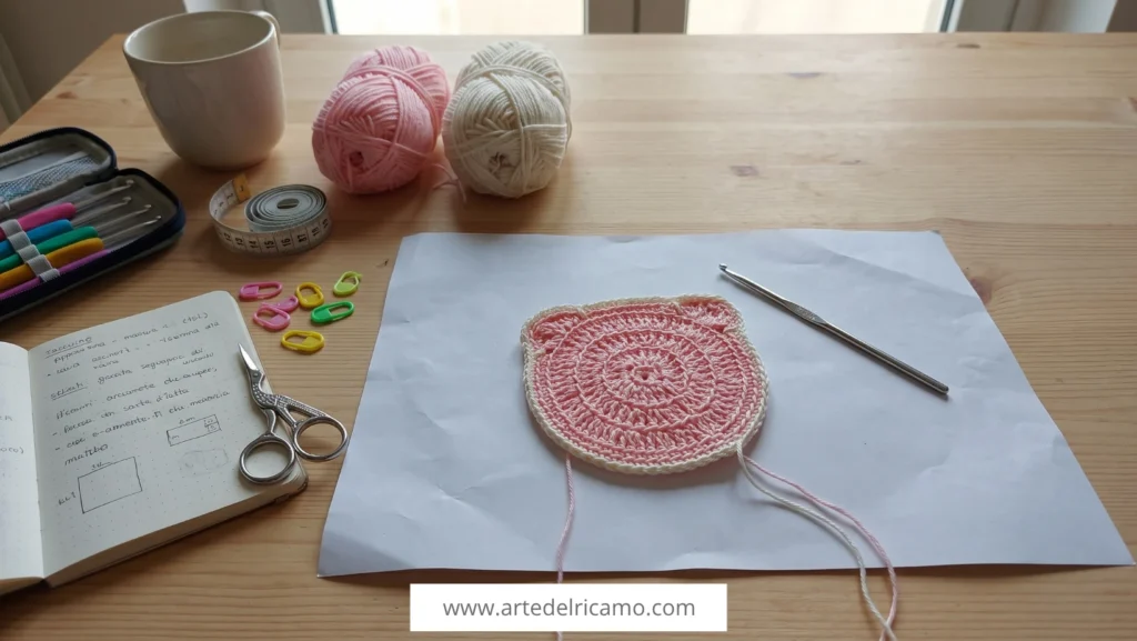 sottobicchiere a uncinetto a forma di viso di orsetto colore rosa con perfilo binaco panna.