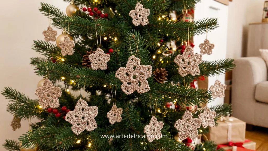 albero con stelle di natale a uncinetto